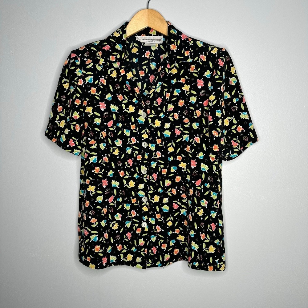 Fundamental Things Blouse Womens Petites‎ Black Floral EUC Vintage Shoulder Pads